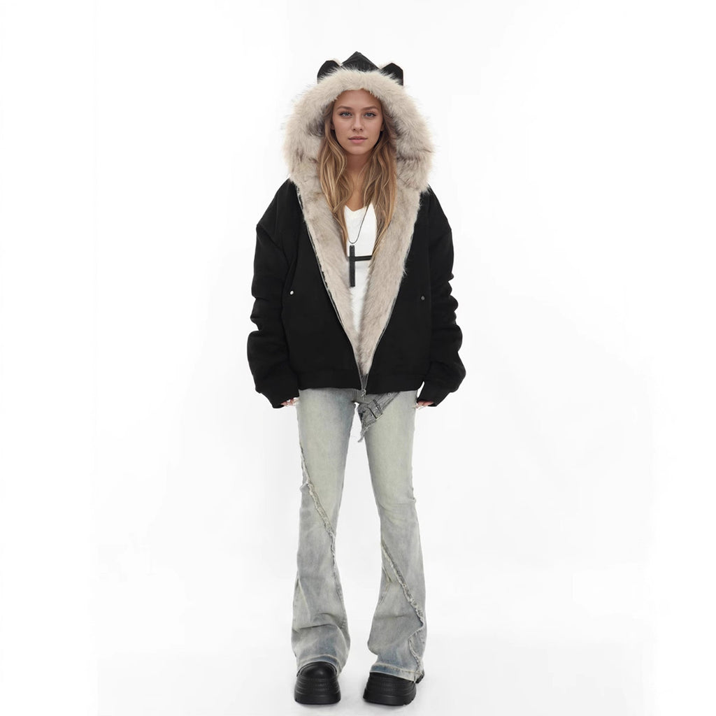 Winter Coat With A Fur Collar Made From Faux Suede For Warmth