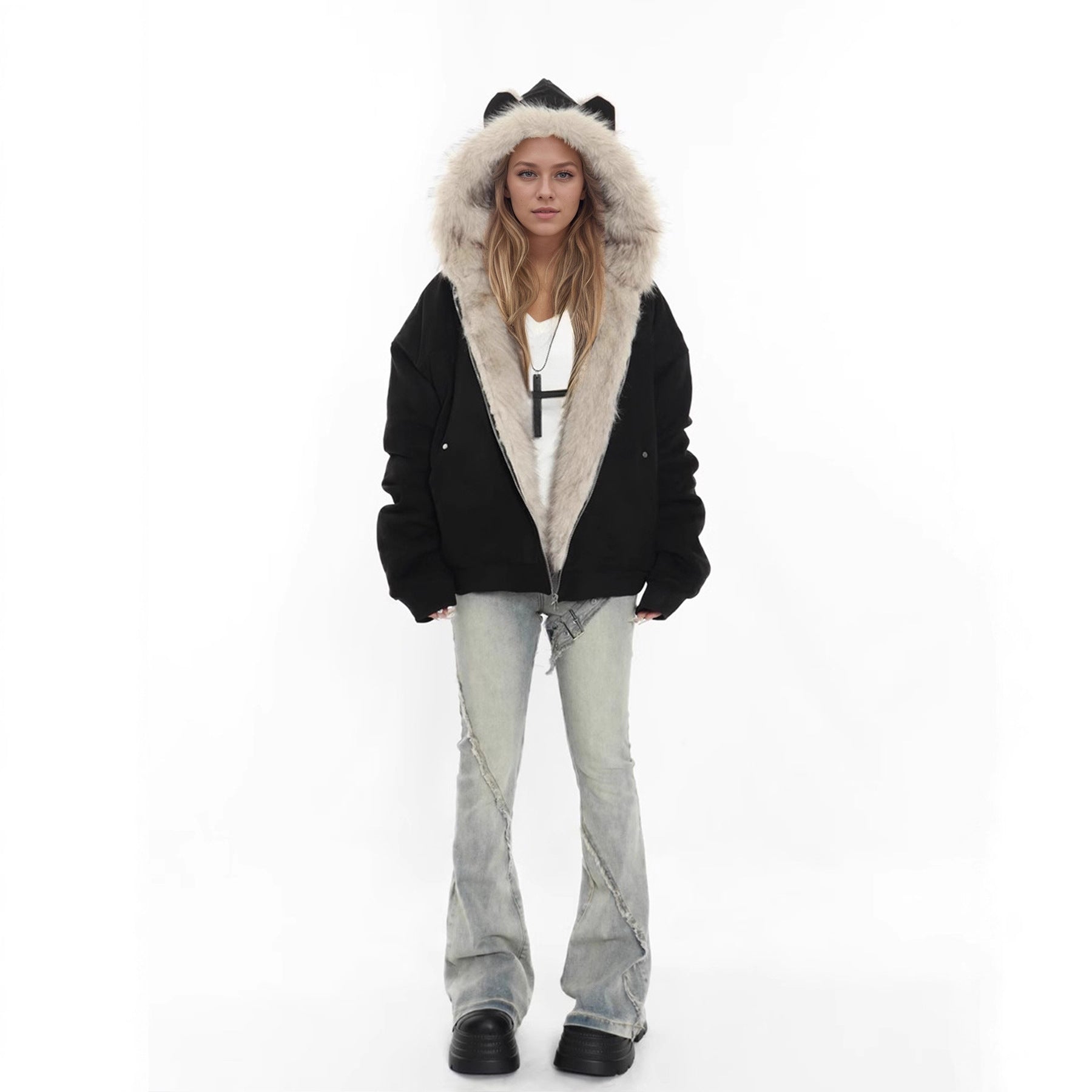 Winter Coat With A Fur Collar Made From Faux Suede For Warmth