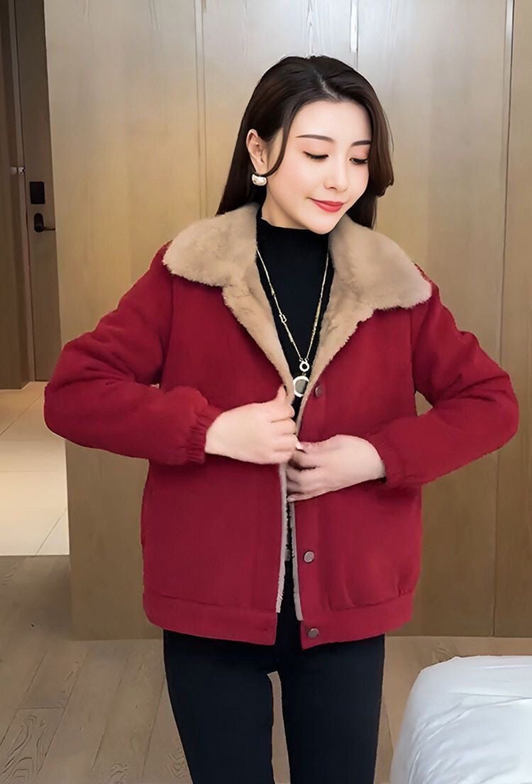 Corduroy Loose Fleece-lined Warm Jacket For Women