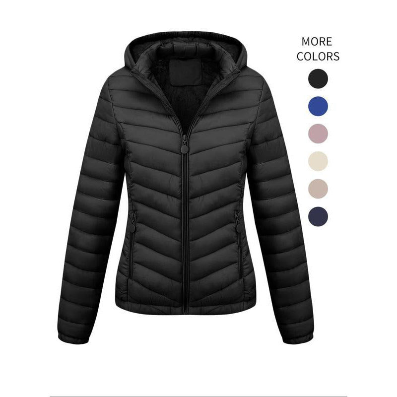 Women's Solid-Color Zippered Hooded Winter Coat Jacket Casual