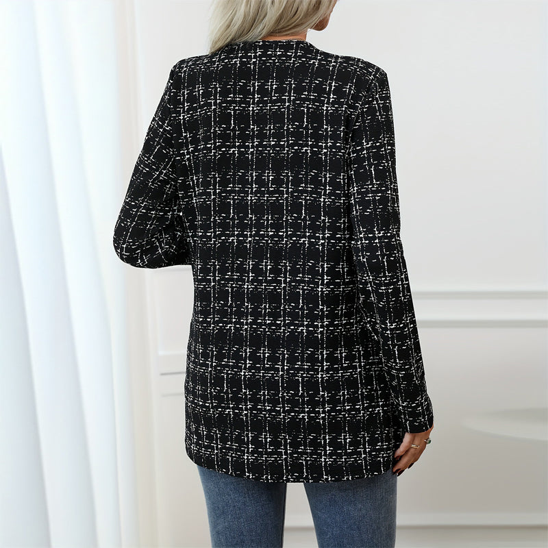 Women's Elegant Black White Checkered Collarless Casual Mid-Length Jacket Versatile For Semi-Formal & Casual Occasions