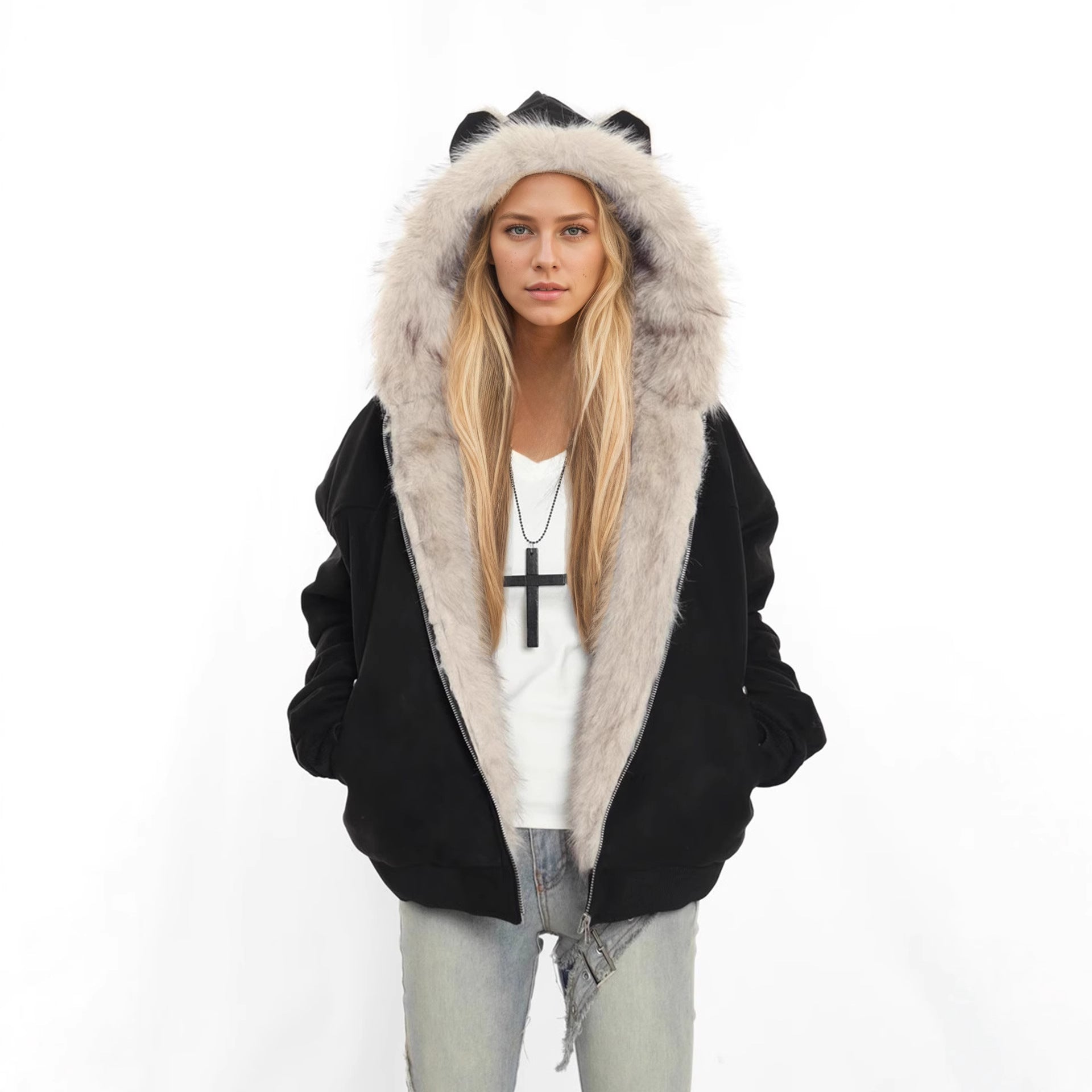 Winter Coat With A Fur Collar Made From Faux Suede For Warmth