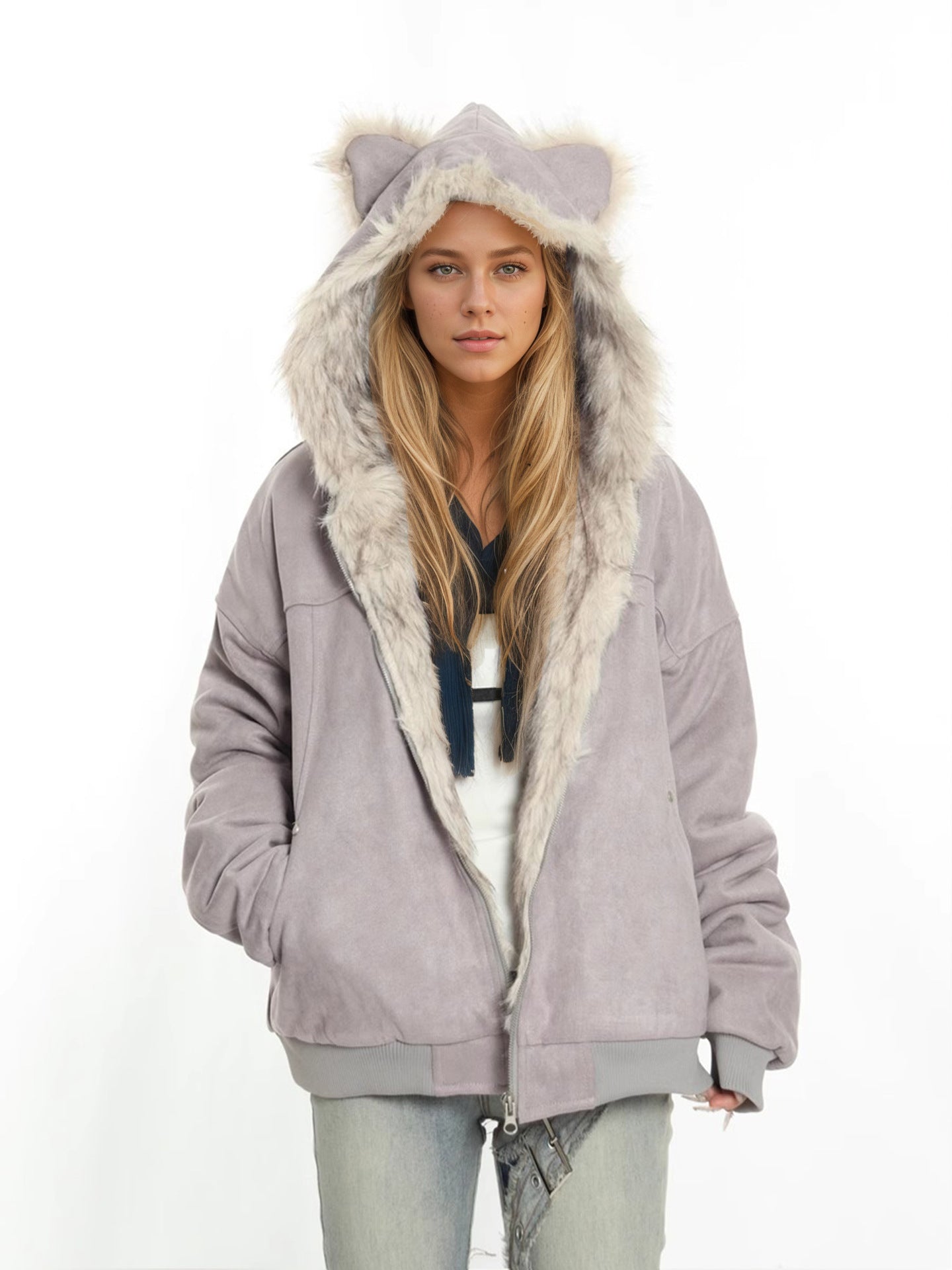 Winter Coat With A Fur Collar Made From Faux Suede For Warmth