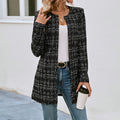 Women's Elegant Black White Checkered Collarless Casual Mid-Length Jacket Versatile For Semi-Formal & Casual Occasions