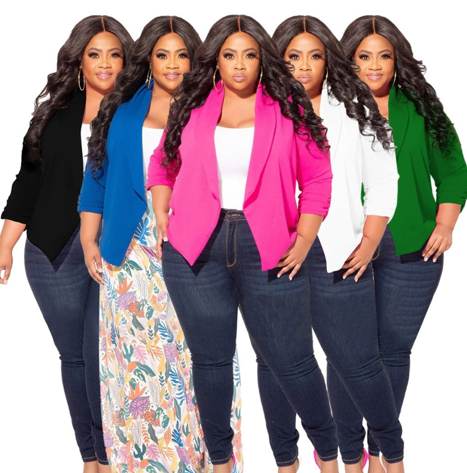 Women's Solid-Colored Long-SleevedSimple-Style Plus-Size Blazer