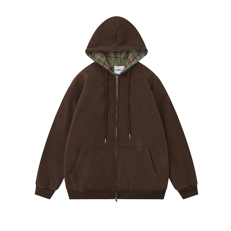 Street Plaid Cardigan Hoodie Loose-fitting Hooded Coat