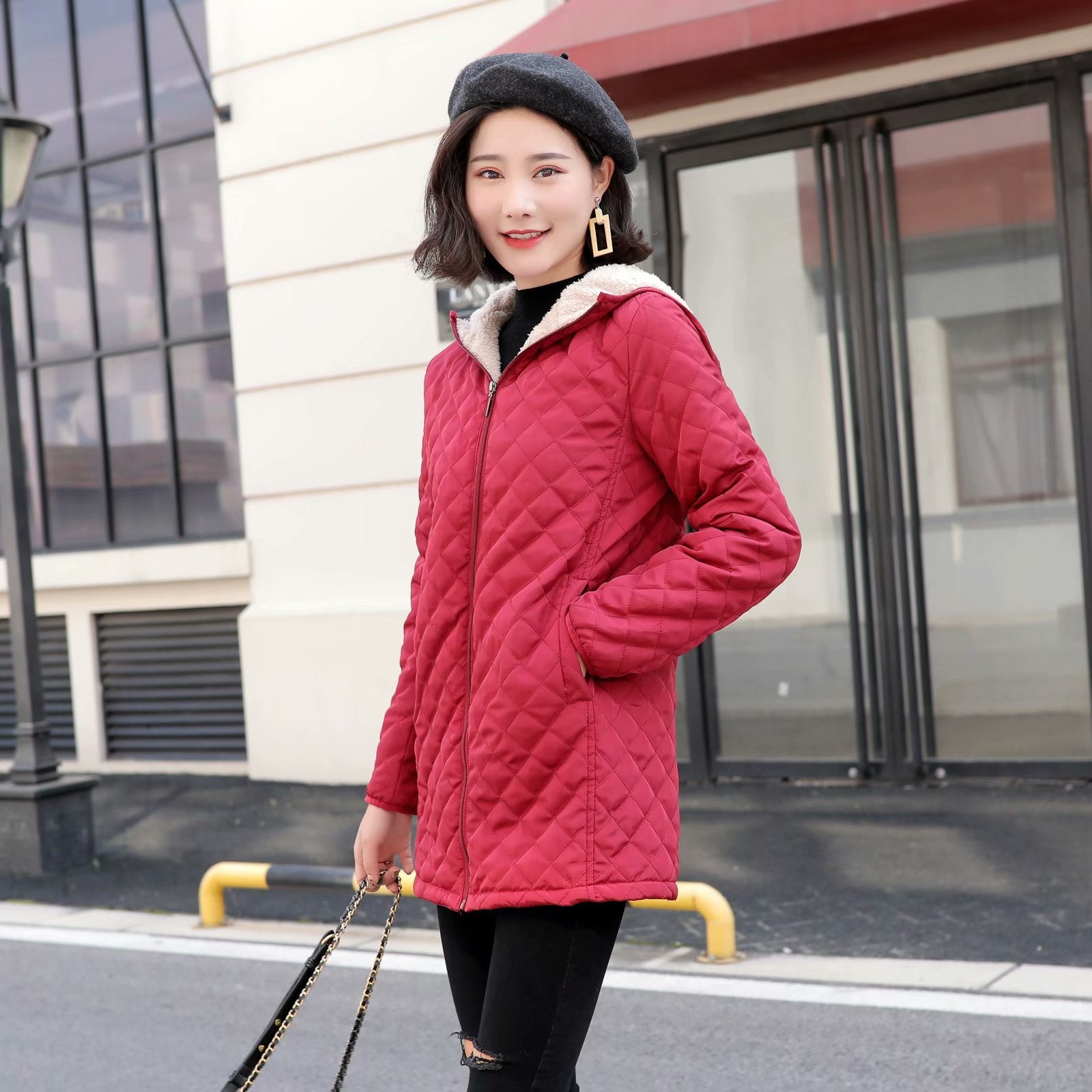 Plus-size Fleece-lined Padded Lambswool Puffer Jacket