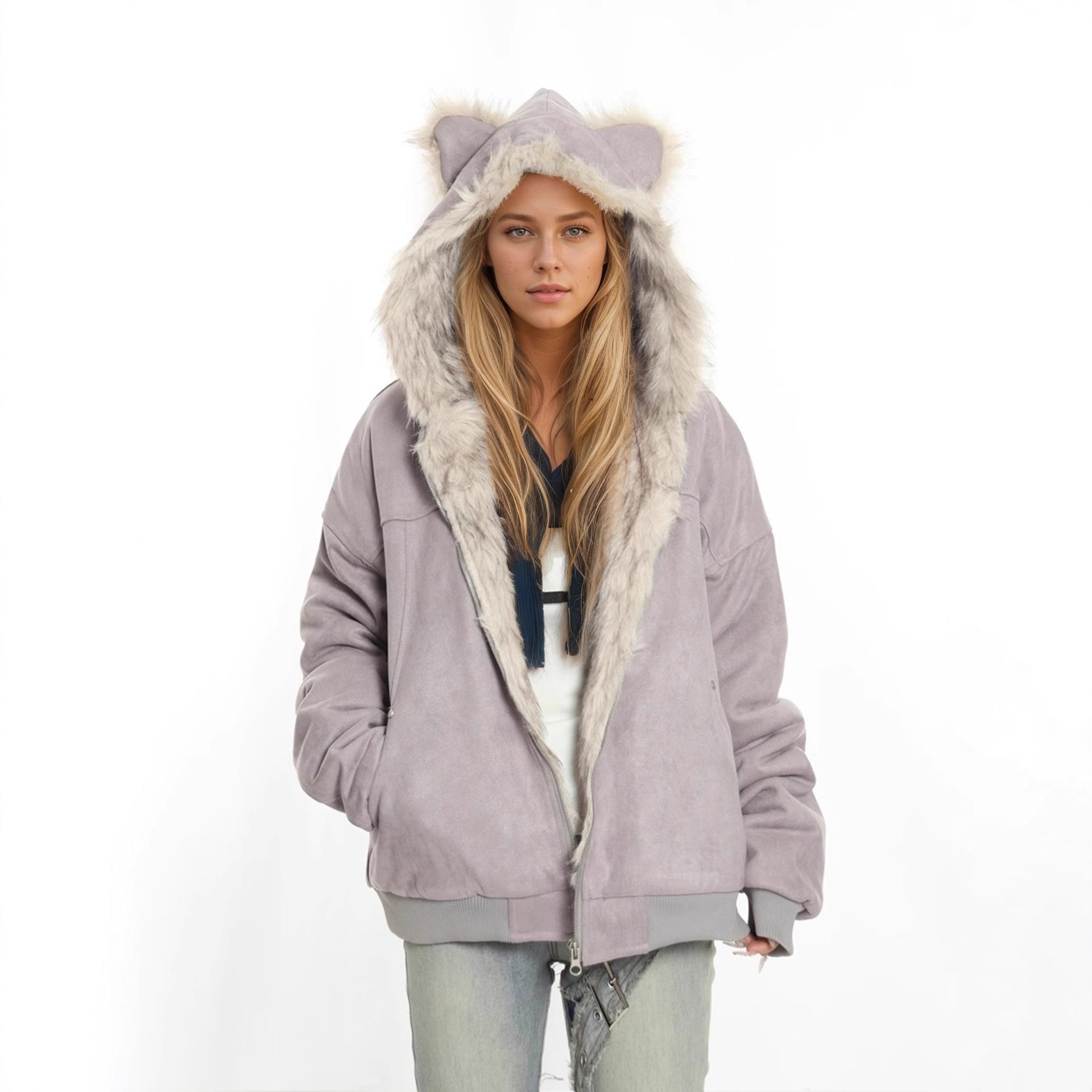 Winter Coat With A Fur Collar Made From Faux Suede For Warmth