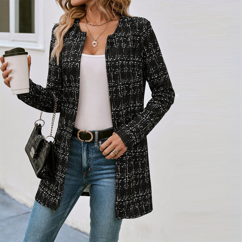 Women's Elegant Black White Checkered Collarless Casual Mid-Length Jacket Versatile For Semi-Formal & Casual Occasions