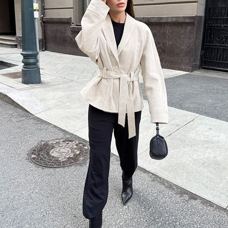 Women's Vintage Faux Suede Jacket - Self Tie Waist Belted Coat, Retro Solid Color