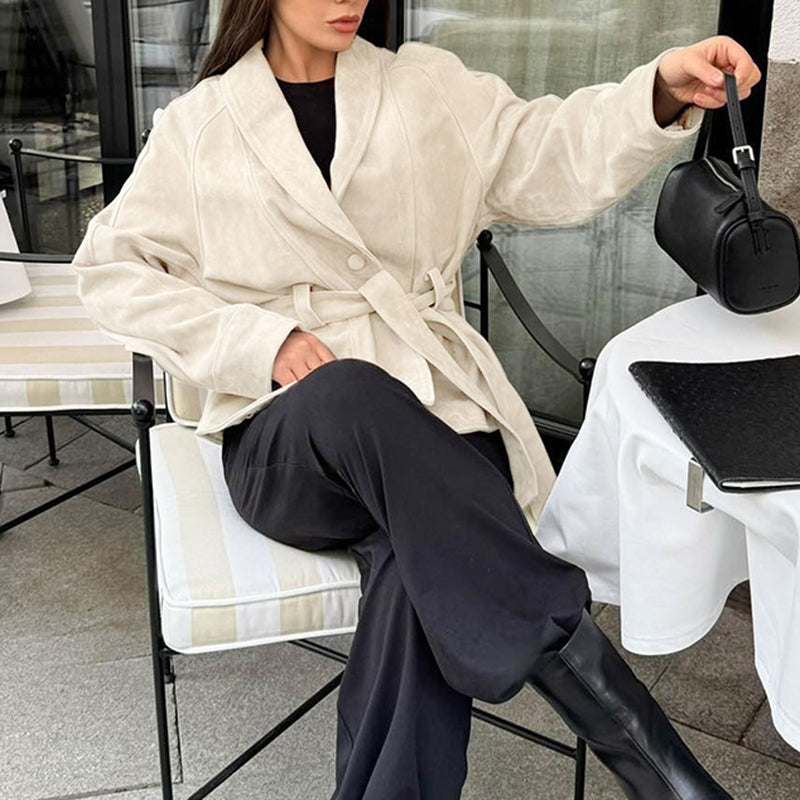 Women's Vintage Faux Suede Jacket - Self Tie Waist Belted Coat, Retro Solid Color