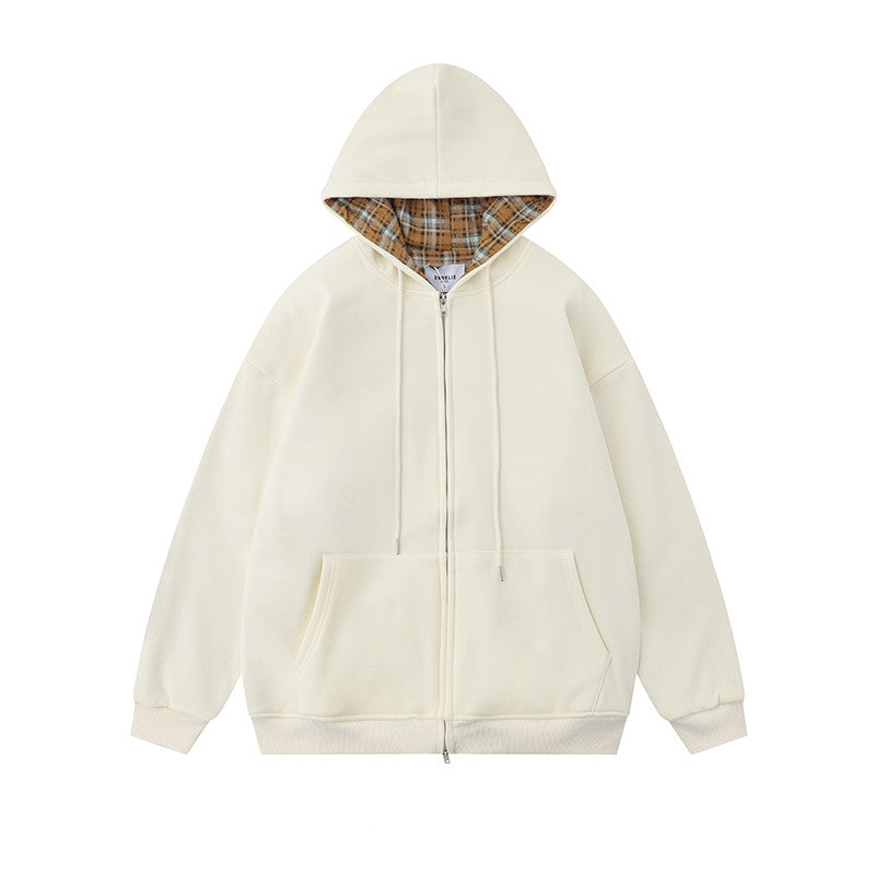 Street Plaid Cardigan Hoodie Loose-fitting Hooded Coat