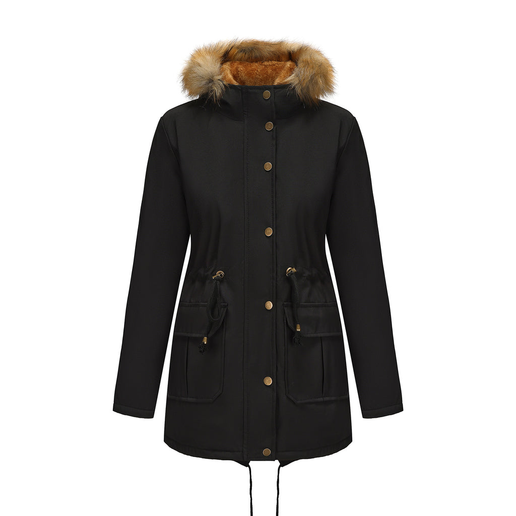 Hooded Women's Mid-length Padded Coat With Fur Collar And Defined Waist