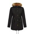 Hooded Women's Mid-length Padded Coat With Fur Collar And Defined Waist
