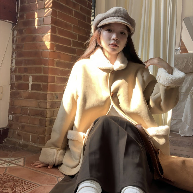 Suede-effect Wool Coat With Dropped Shoulders For Women