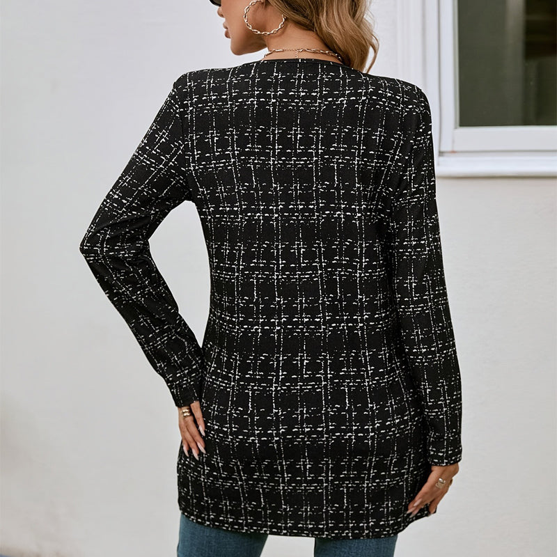 Women's Elegant Black White Checkered Collarless Casual Mid-Length Jacket Versatile For Semi-Formal & Casual Occasions