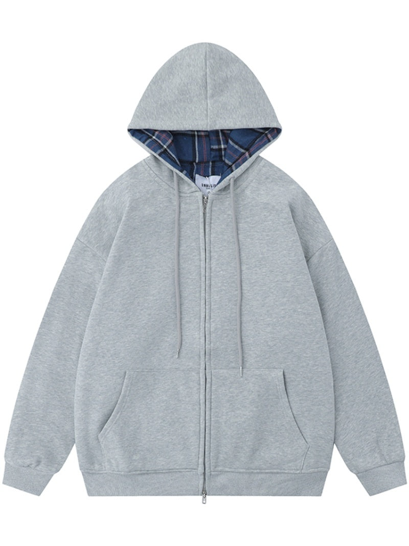 Street Plaid Cardigan Hoodie Loose-fitting Hooded Coat