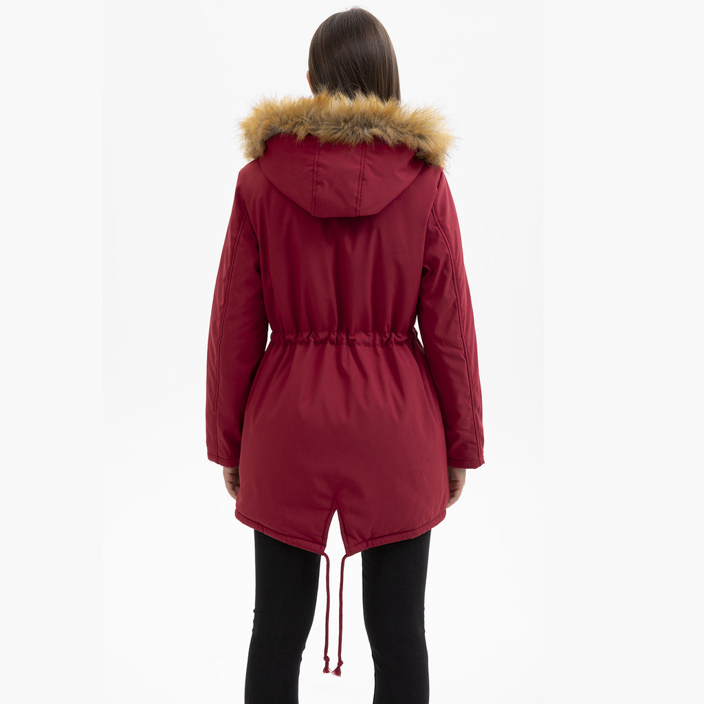 Hooded Women's Mid-length Padded Coat With Fur Collar And Defined Waist